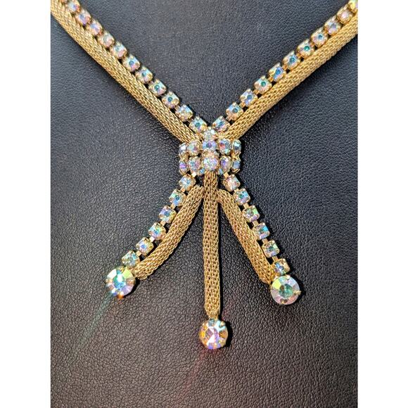Vintage Aurora Borealis Rhinestone Gold Tone Mesh Tassel 15" Necklace - Picture 4 of 7